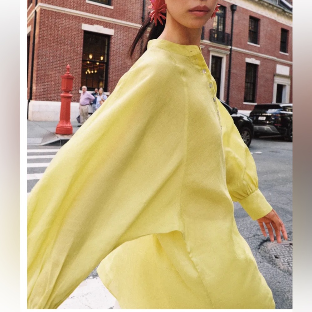 ZARA ZW Collection Flowing Shirt Yellow Puff Sleeve Blouse Top Womens Large NWT